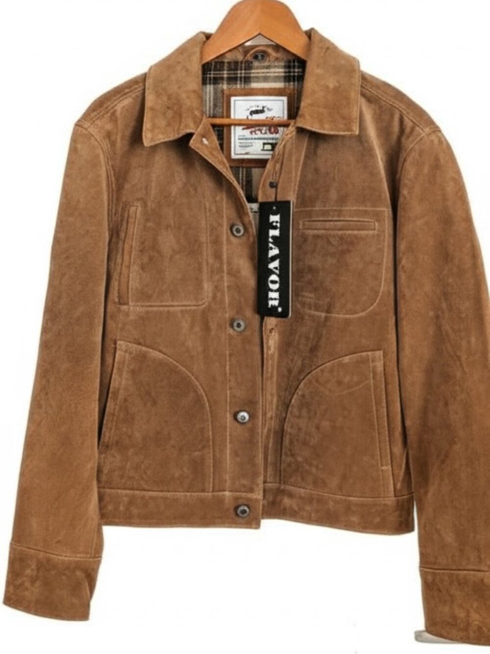 Vintage FLAVOR Men's Pigskin Leather Suede Trucker Jacket Brown Plaid Lined S